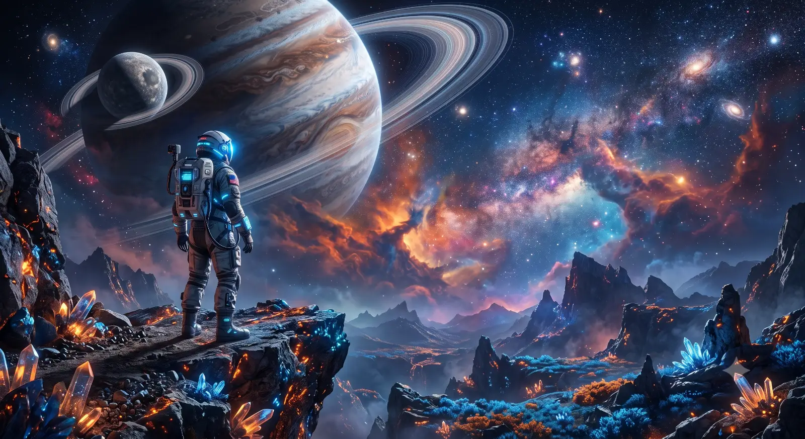 A lone astronaut standing on the edge of a glowing alien cliff overlooking a breathtaking cosmic landscape, enormous ringed planets filling the sky, vibrant nebula clouds swirling across the galaxy, countless distant stars, luminous crystal formations, futuristic space suit with glowing blue accents, cinematic lighting, volumetric fog, ultra realistic textures, dramatic composition, Unreal Engine 5 quality, masterpiece, 8K, highly detailed.