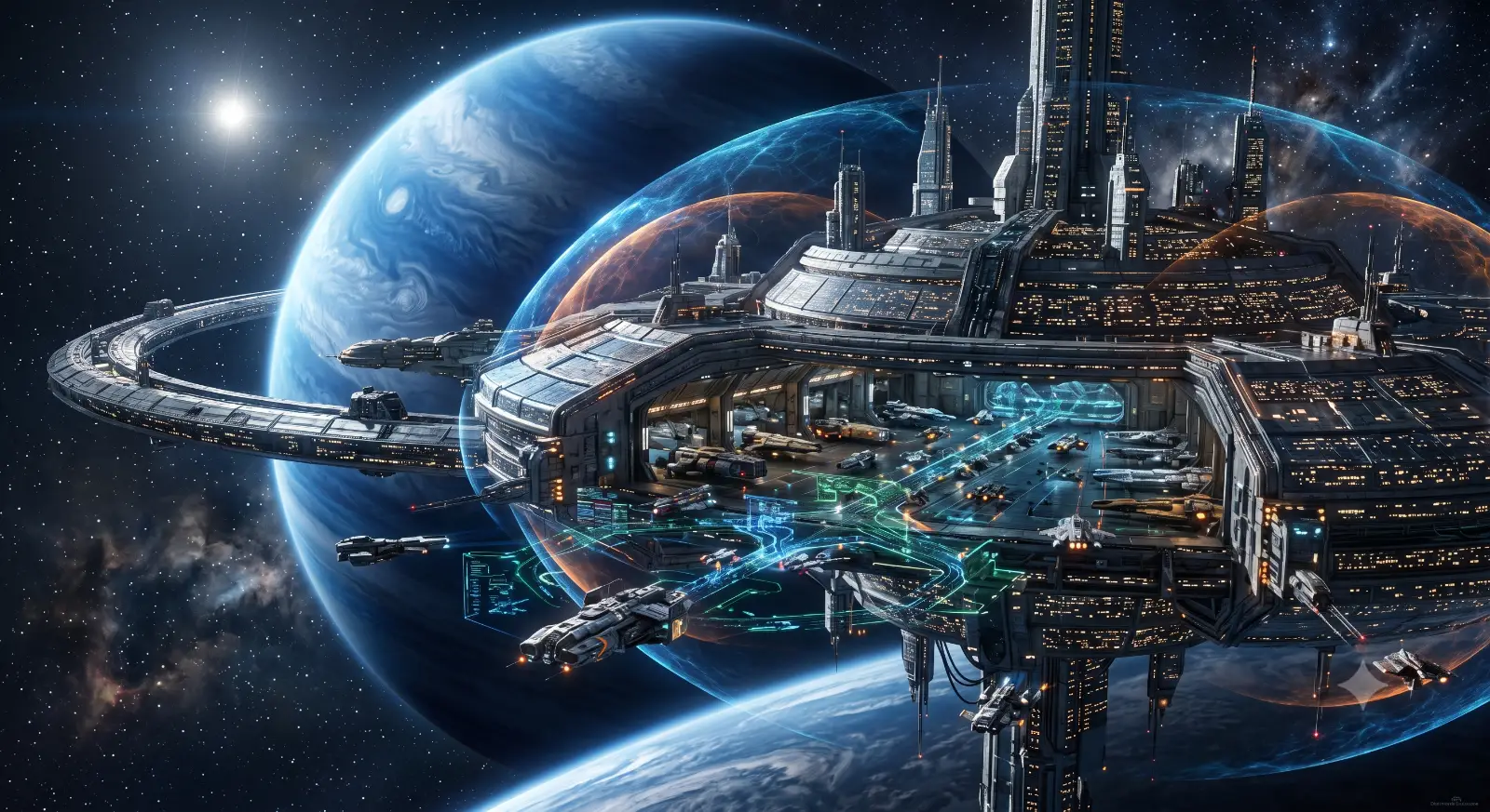 A colossal futuristic space station orbiting a magnificent blue gas giant, thousands of illuminated windows, massive docking bays filled with advanced spacecraft, holographic traffic control systems, glowing energy shields, cinematic science-fiction architecture, realistic reflections, deep space background, breathtaking scale, ultra detailed, photorealistic, volumetric lighting, masterpiece, 8K.