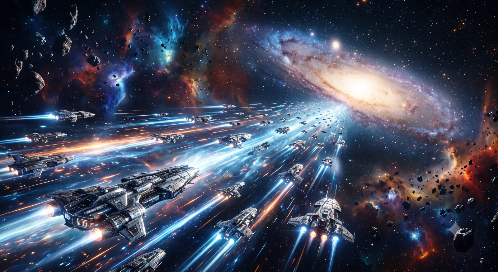 A massive fleet of futuristic starships traveling through hyperspace toward a brilliant spiral galaxy, glowing warp trails stretching across deep space, highly detailed spacecraft with sleek metallic designs, colorful nebulae, asteroid fields, cinematic science-fiction atmosphere, dramatic lighting, epic scale, photorealistic rendering, Unreal Engine quality, ultra detailed, masterpiece, 8K.