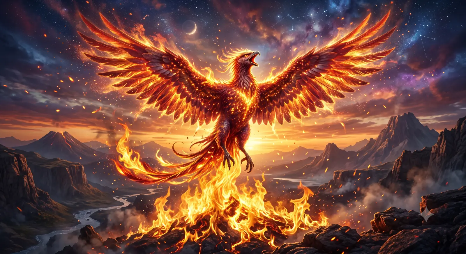 Phoenix Rising From Golden Flames