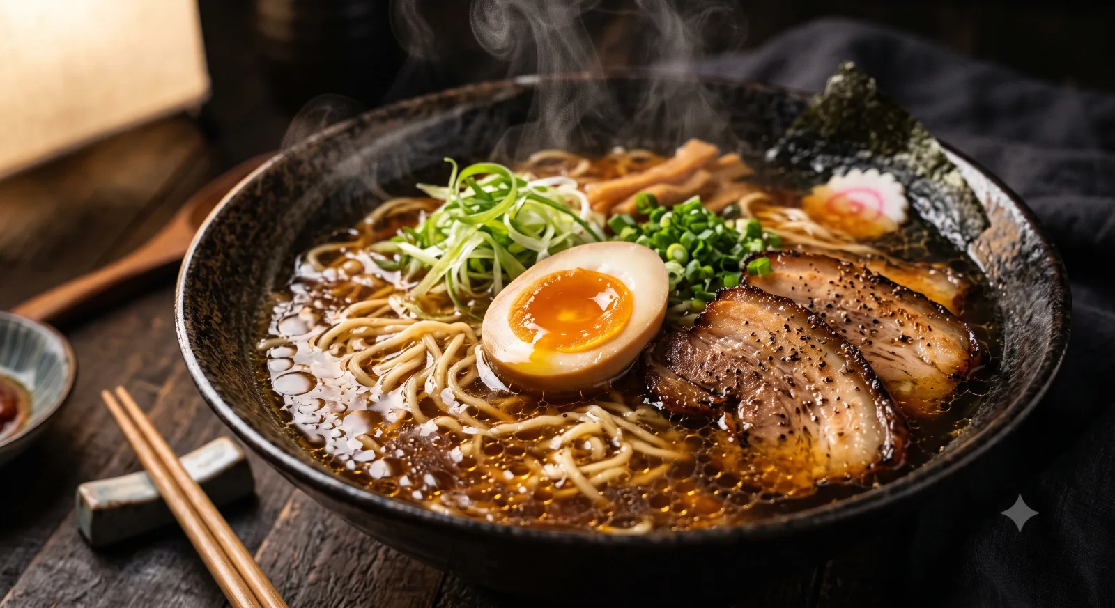 Gourmet Steaming Ramen Bowl Closeup