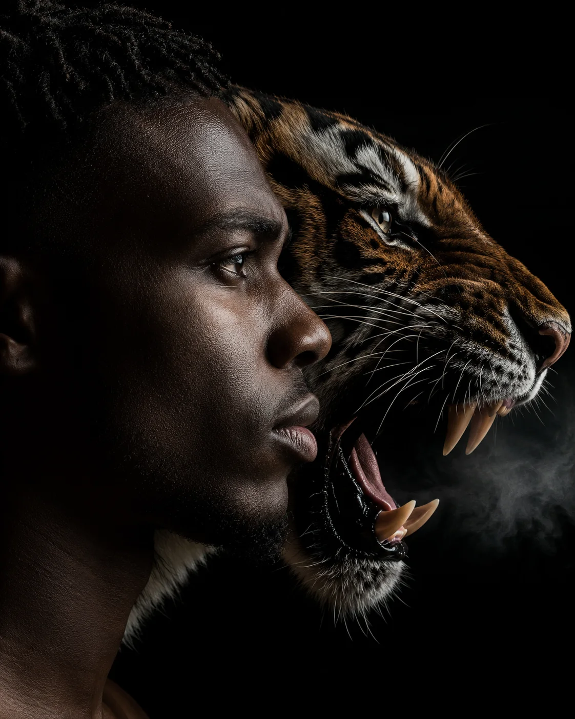 Man and tiger in dramatic profile