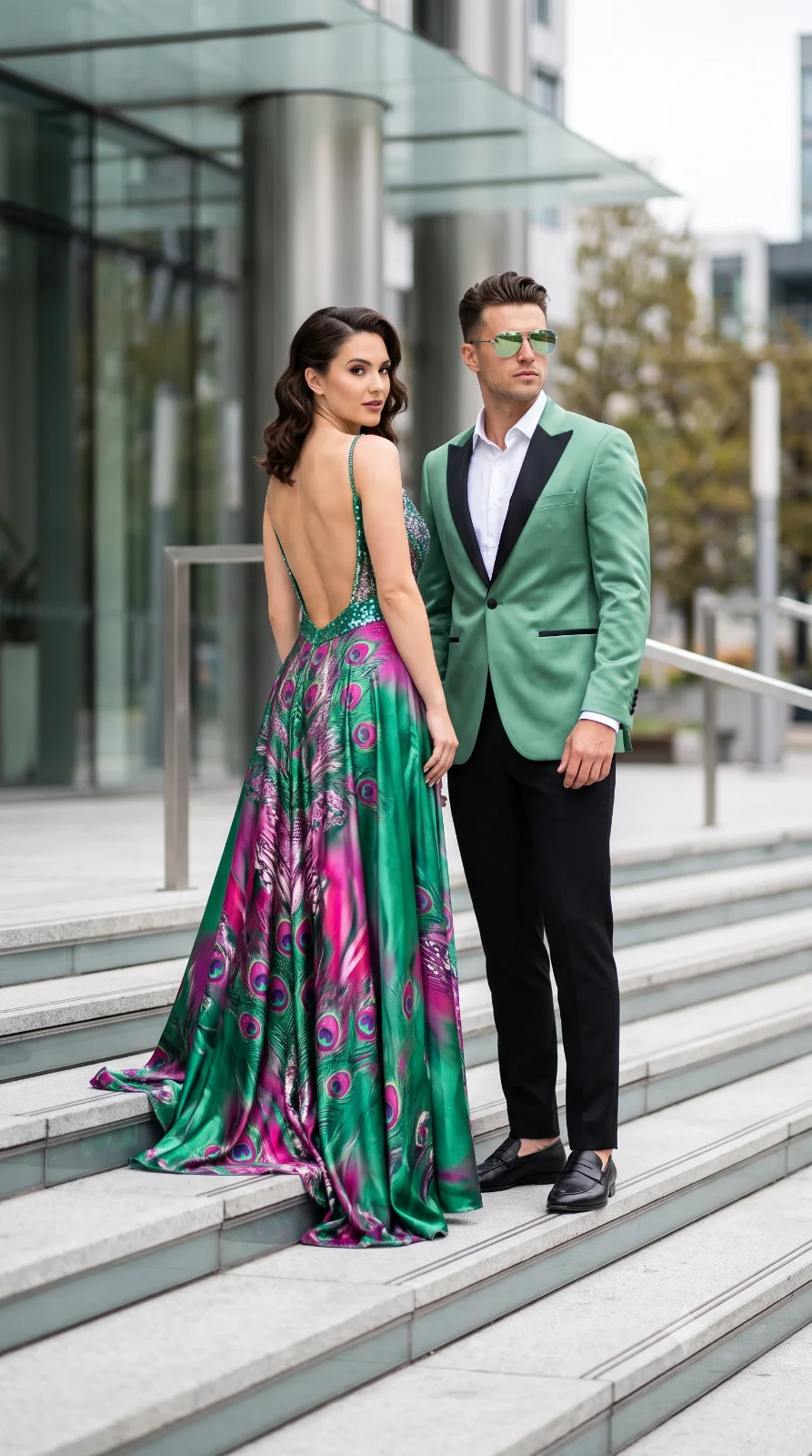 Ultra-realistic fashion editorial couple, elegant woman with flawless fair skin looking back over her shoulder, wearing a vibrant emerald green, magenta and purple peacock-feather satin gown with a sparkling sequin bodice, thin straps and dramatic open back. Beside her stands a handsome man in a tailored emerald/light green satin tuxedo with black lapels, black trousers, white dress shirt, black loafers, wearing shiny light-green reflective sunglasses. Both pose confidently on modern building steps, luxury urban architecture, soft natural daylight, cinematic lighting, shallow depth of field, DSLR, HDR, 85mm lens, photorealistic, ultra-detailed, premium magazine fashion shoot