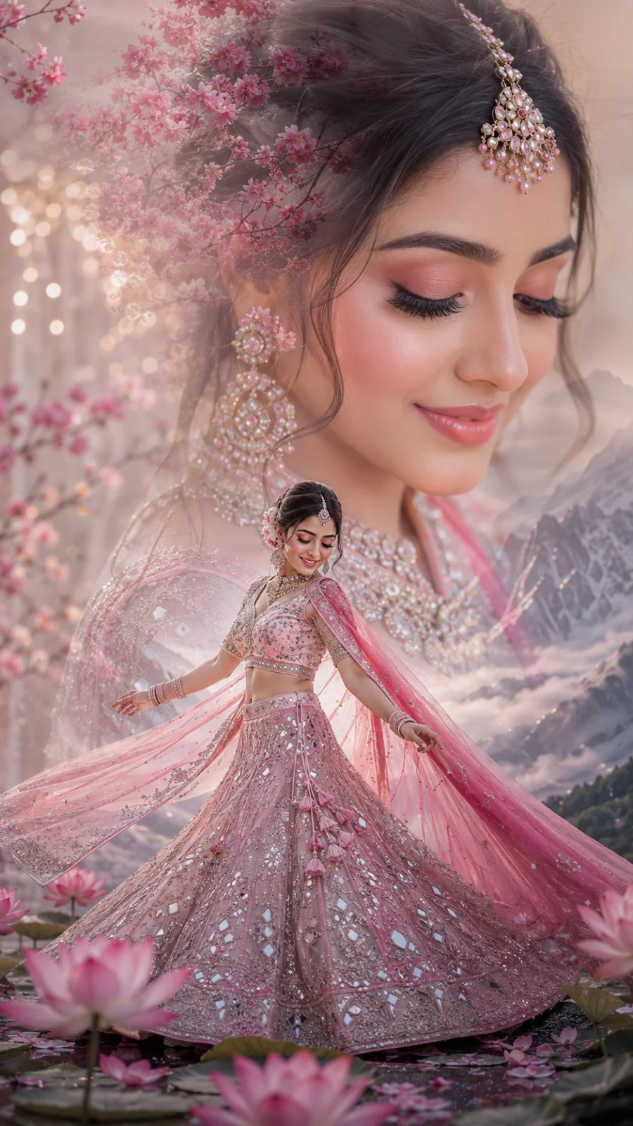 Dreamy bridal portrait in cherry blossoms