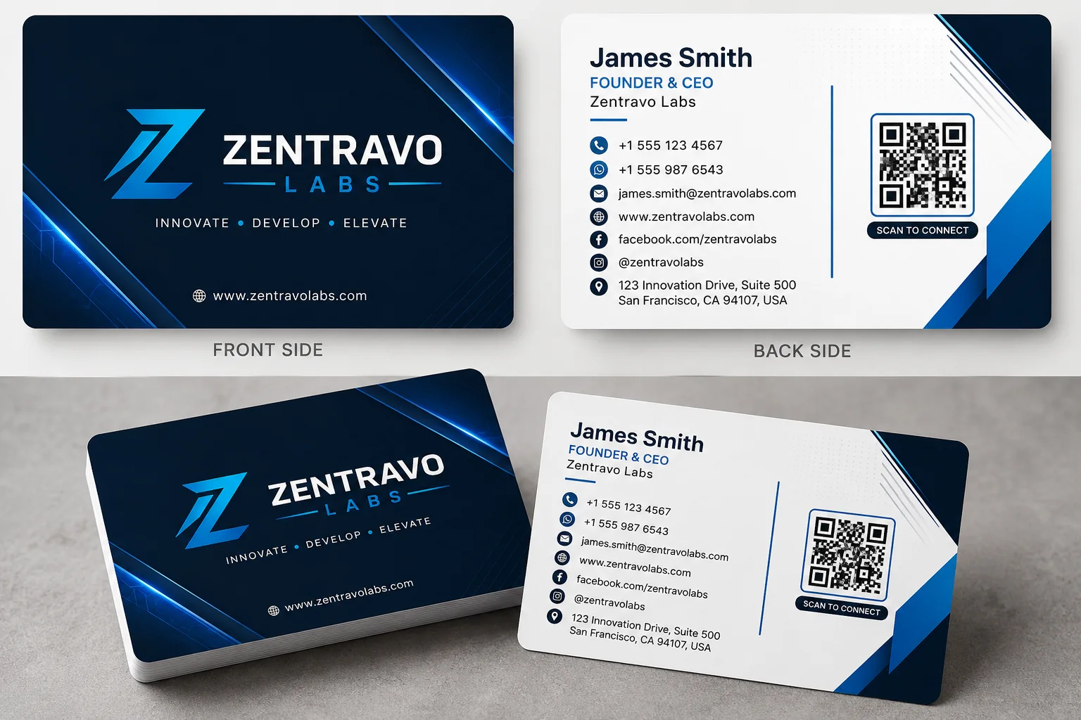 Modern business card mockup with blue accents