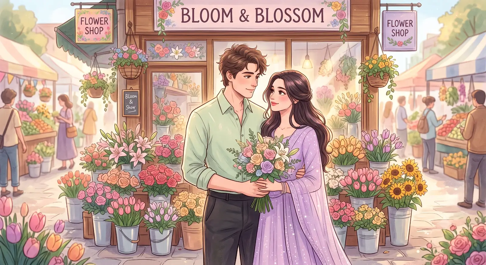 Romantic Couple Flower Shop Illustration
