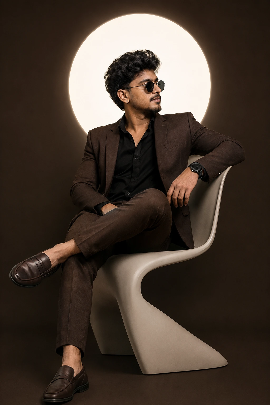 Halo-lit brown suit portrait