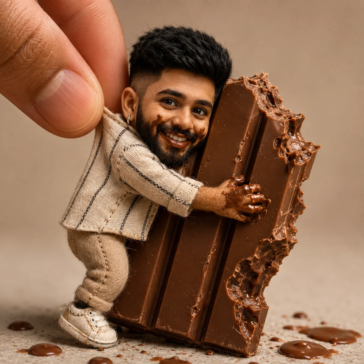Tiny Doll Hugging a Giant Chocolate Bar