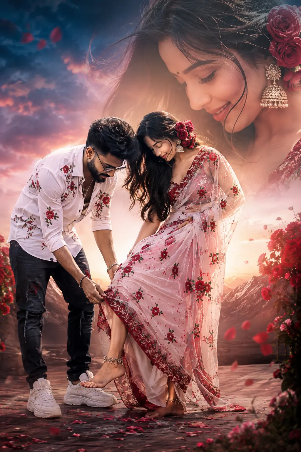 Dreamy Bollywood Romance Beneath Rose Skies