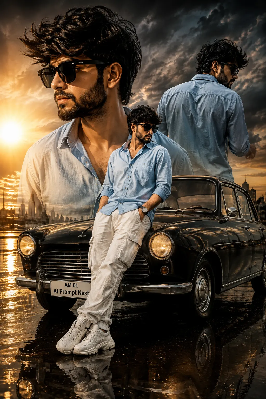 Cinematic Sunset Portrait with Vintage Car