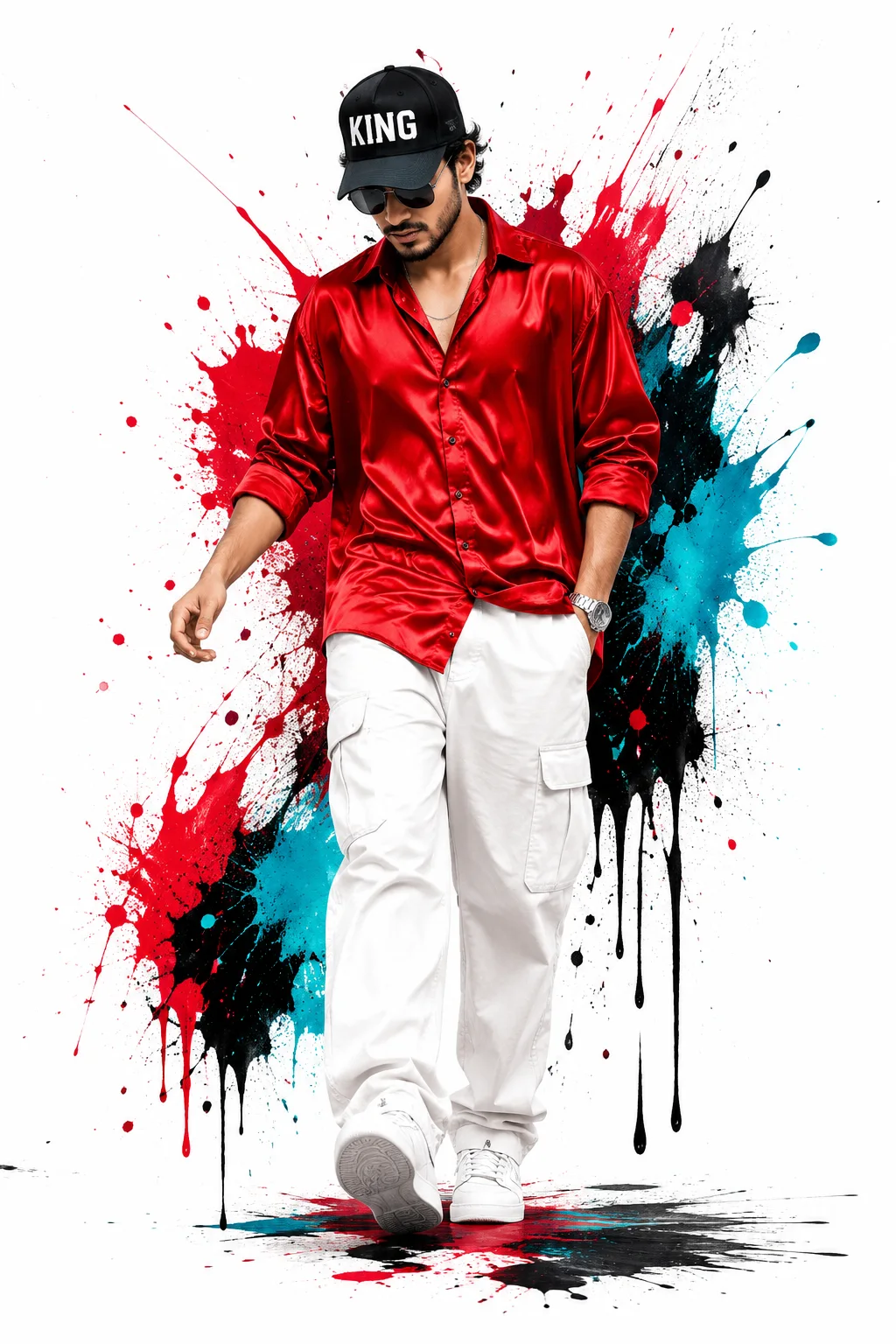 King in Red: Urban Paint-Splash Portrait