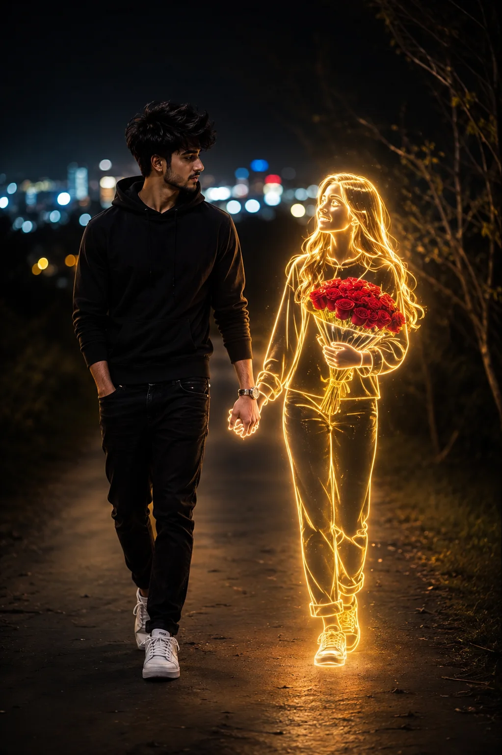 Neon Romance on a Moonlit Path