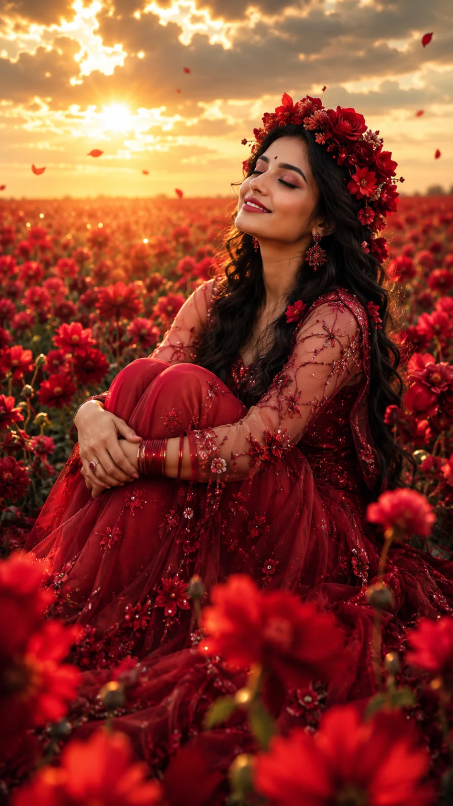 Sunset Serenity in a Crimson Flower Field