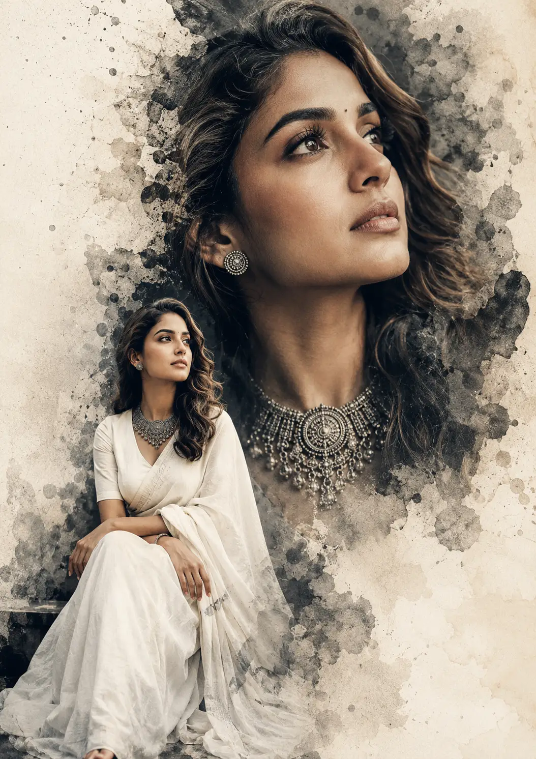 Sepia Double-Exposure Saree Portrait