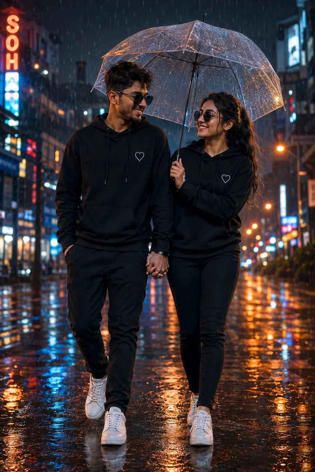 Rainy Neon Stroll for Two
