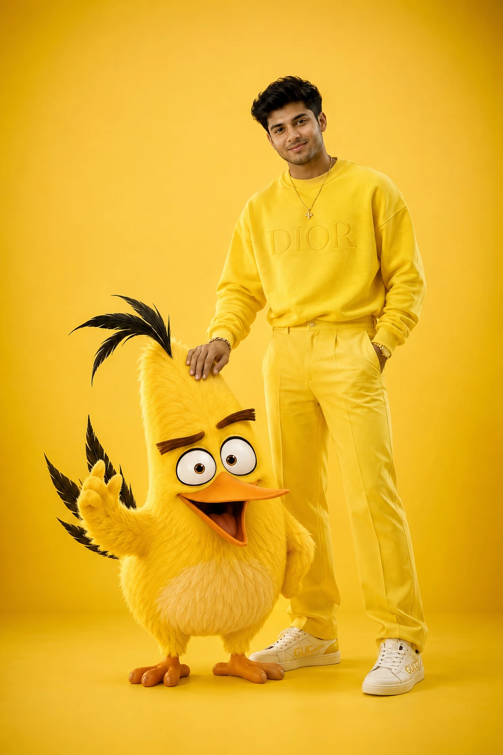 Yellow Fashion Portrait with Cartoon Companion