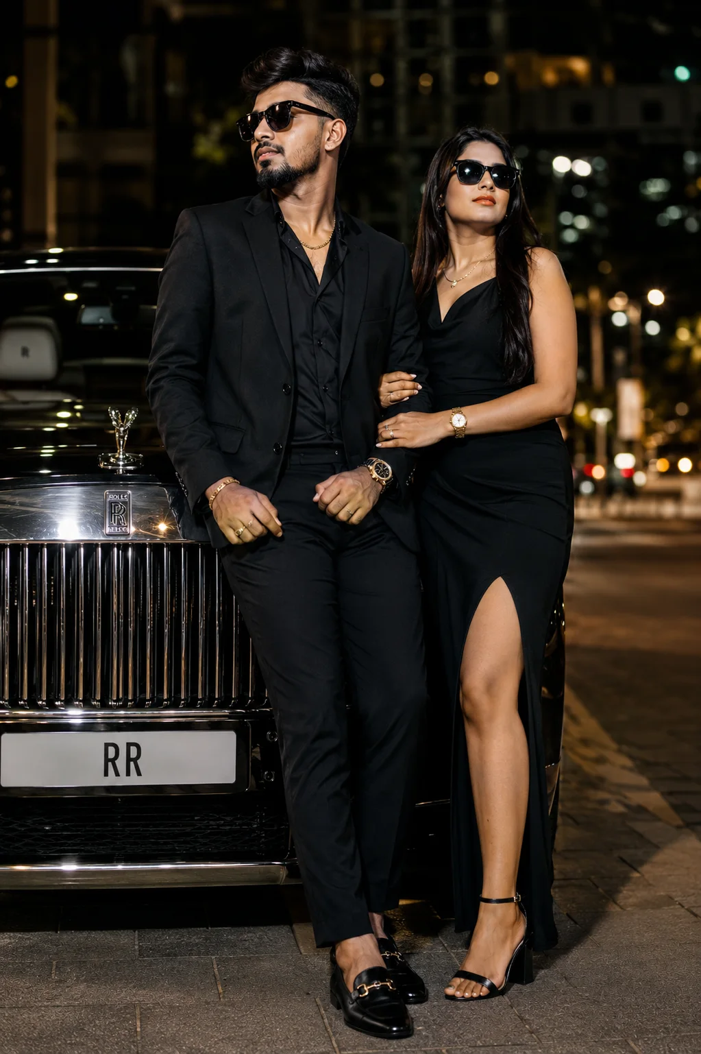 Midnight Elegance Beside a Luxury Car