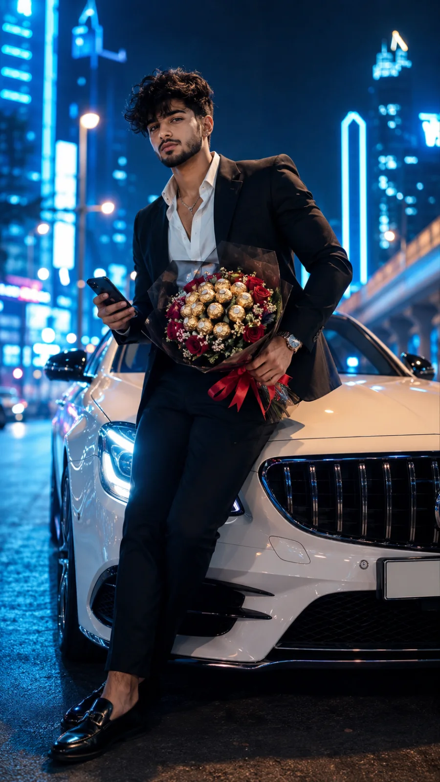 Neon Night Romance by a Luxury Car