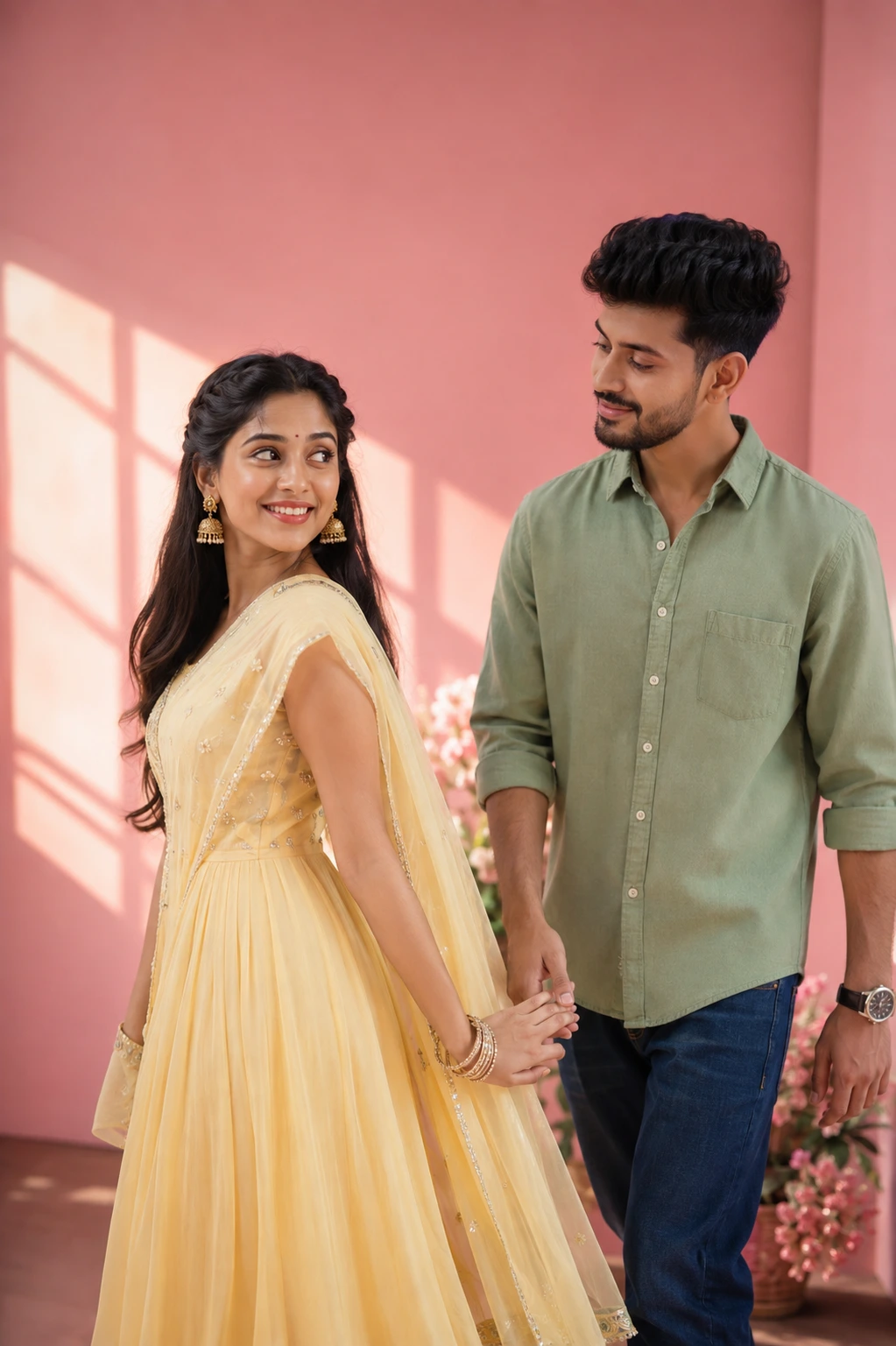 Romantic Indian Couple in Sunlit Pink Studio