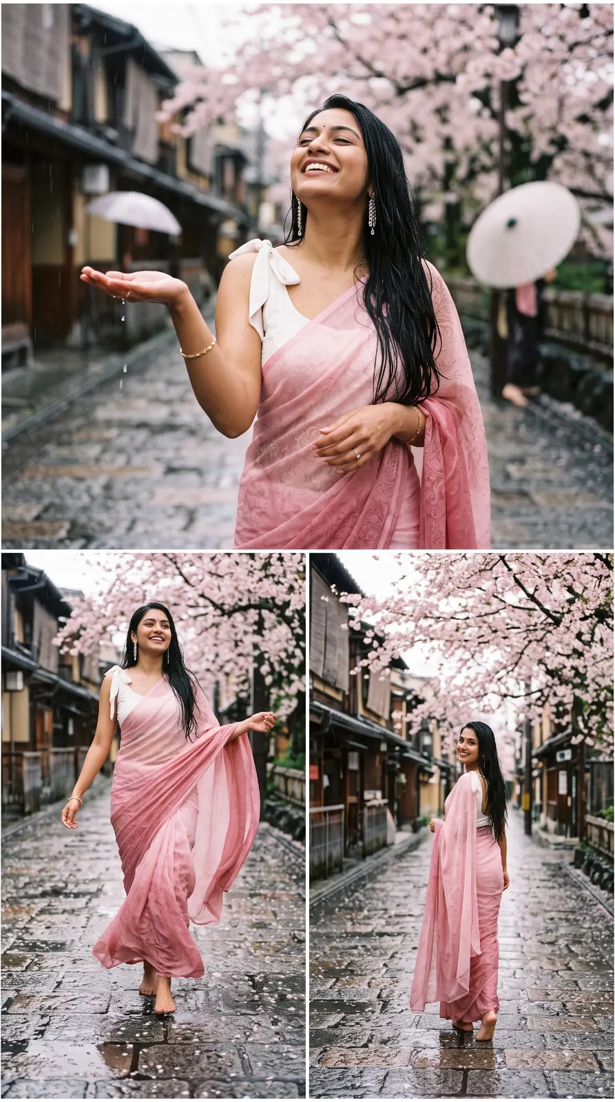 Rain-Soaked Cherry Blossom Saree Collage