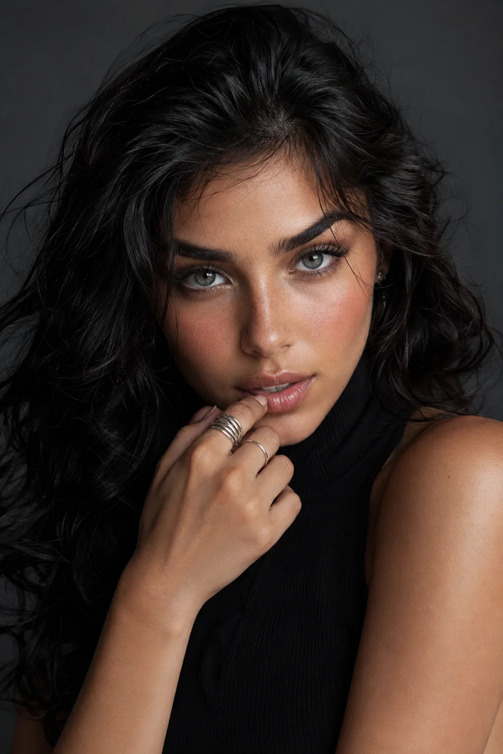 Sultry Close-Up with Silver Rings