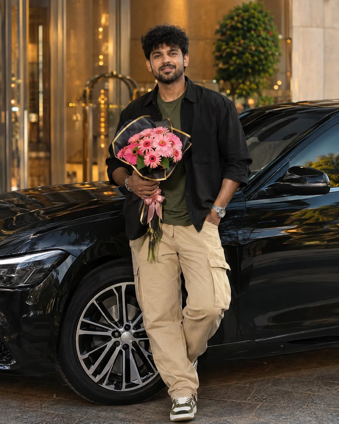 Bouquet Beside a Black Luxury Sedan