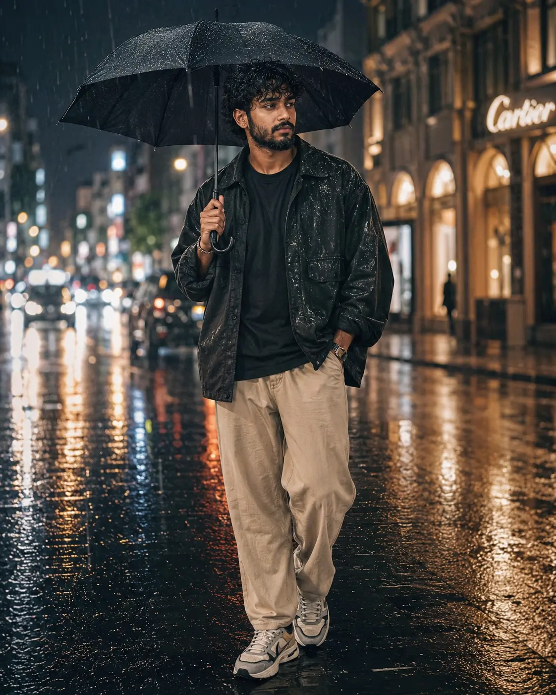 Rainy Night Stroll Beneath City Lights