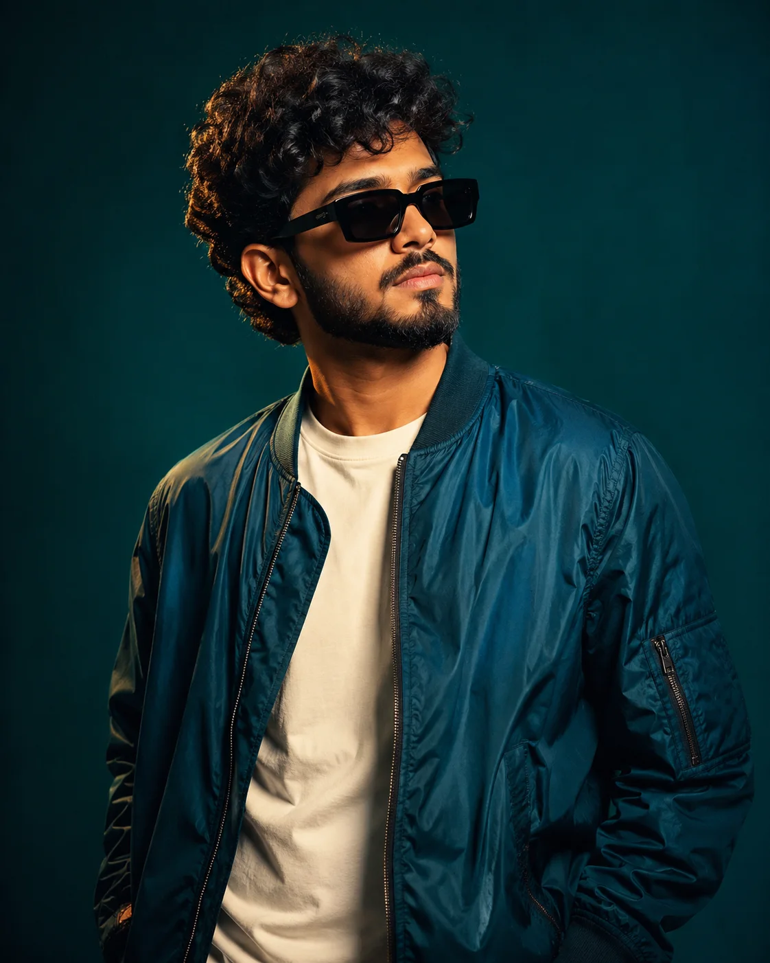 Cinematic Teal Bomber Portrait