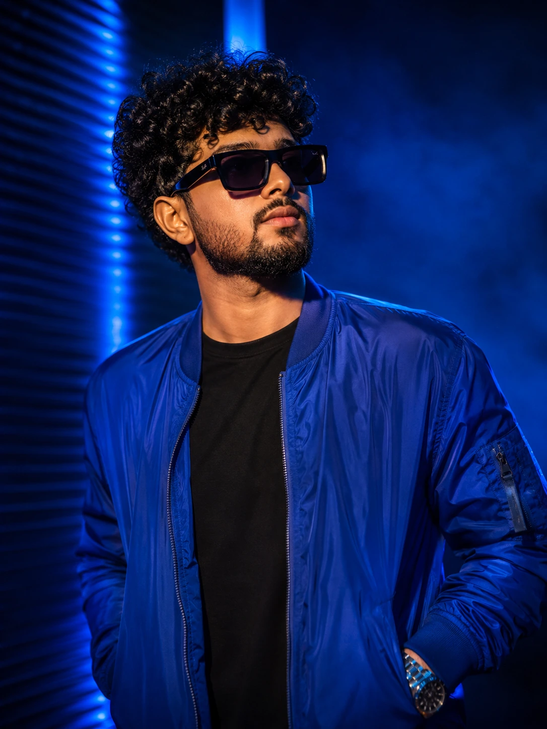 Neon Blue Bomber Portrait