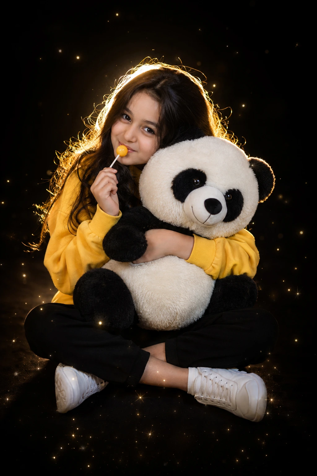 Girl Hugging a Panda Among Golden Sparkles
