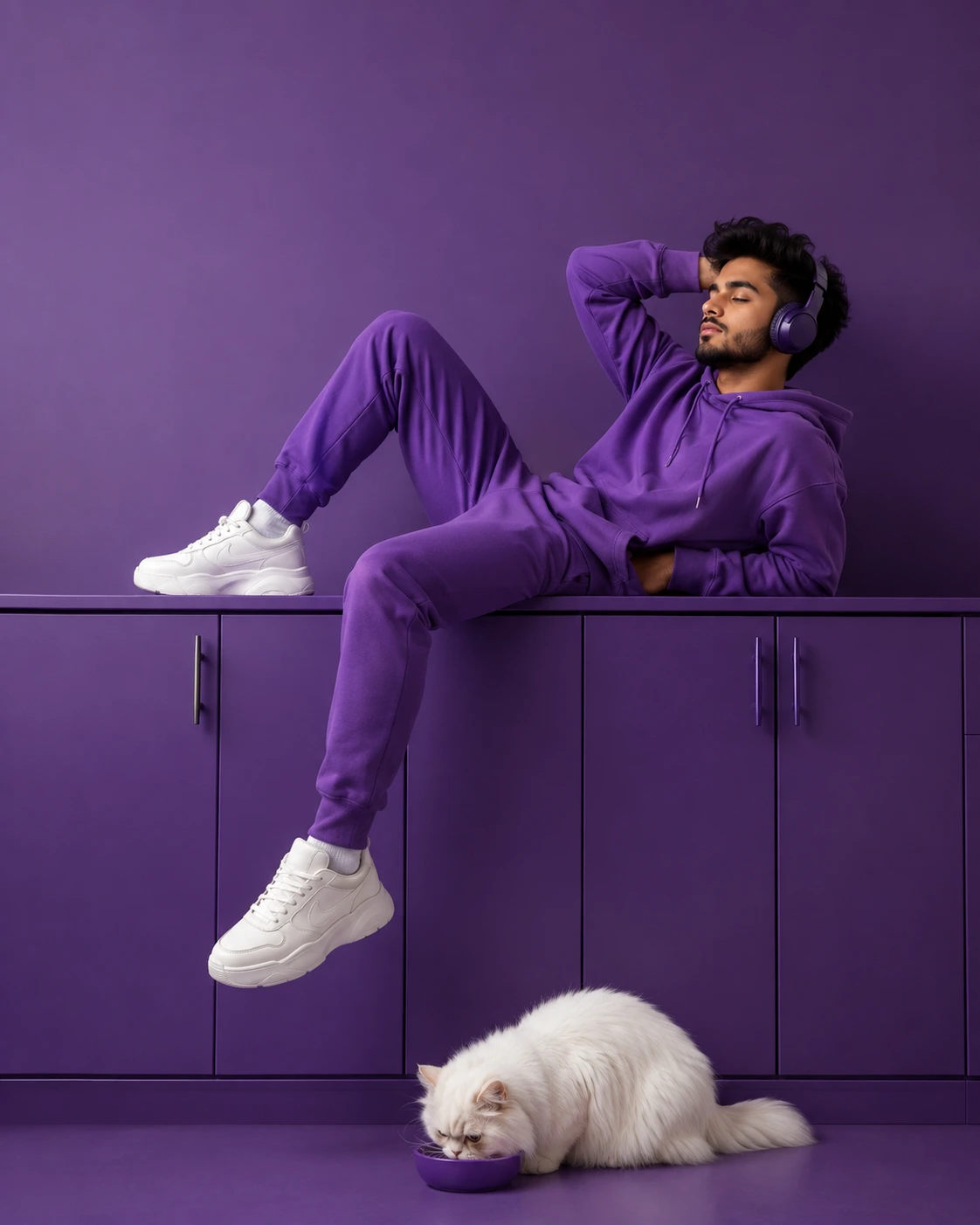 Purple Lounge with Cat Companion
