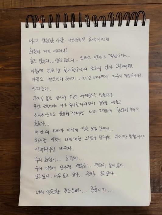 자신의 SNS에 아내를 향한 자필 편지를 게재하며 먹먹한 심경을 전한 구준엽  ©구준엽 SNS