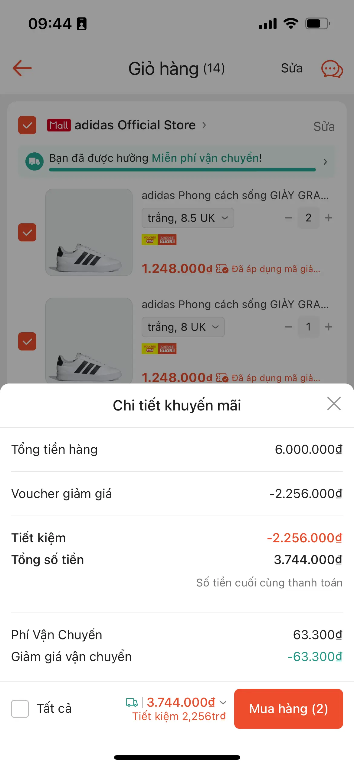 Trang checkout Shopee khi áp nhiều mã giảm giá cùng lúc - Stack voucher