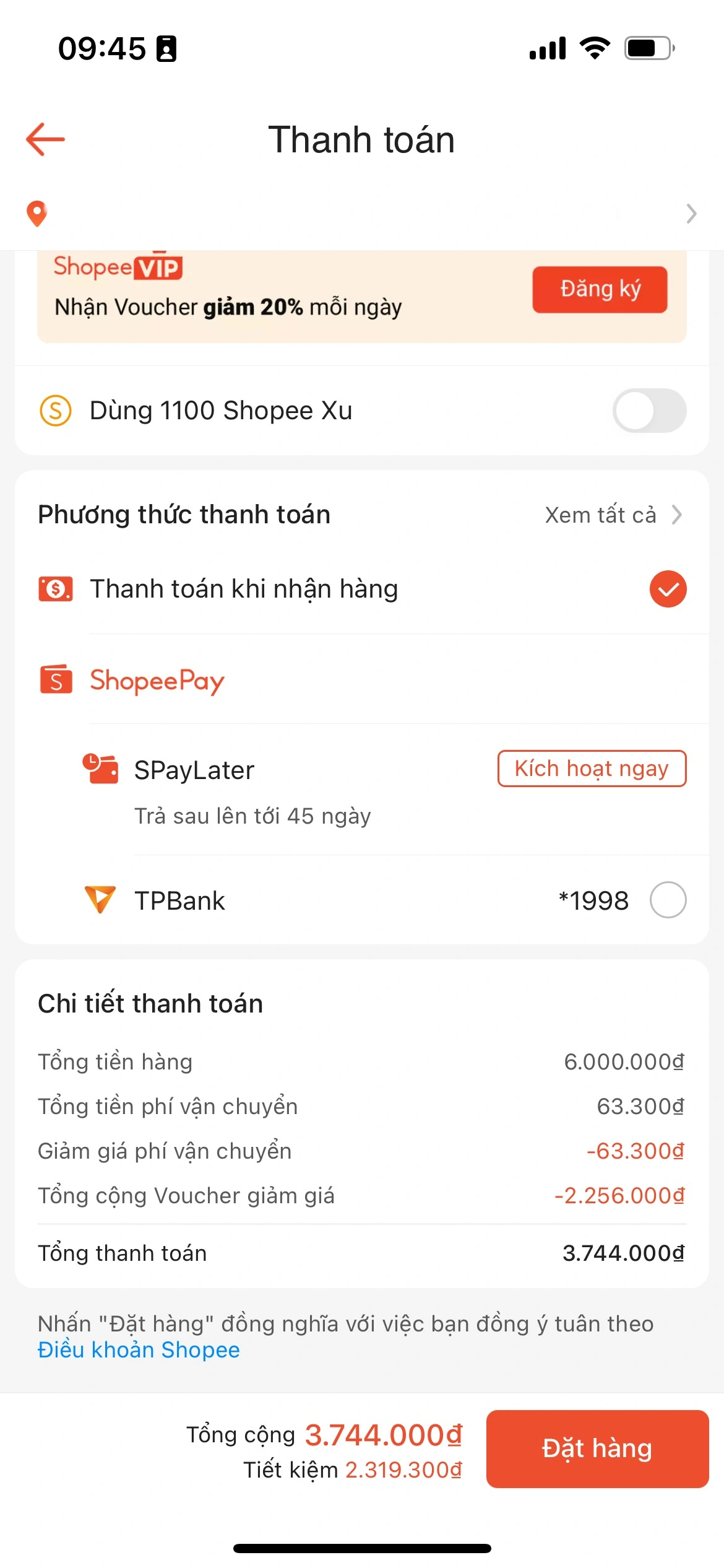 Kết quả sau khi áp dụng stack voucher Shopee - Hiển thị tổng tiền giảm