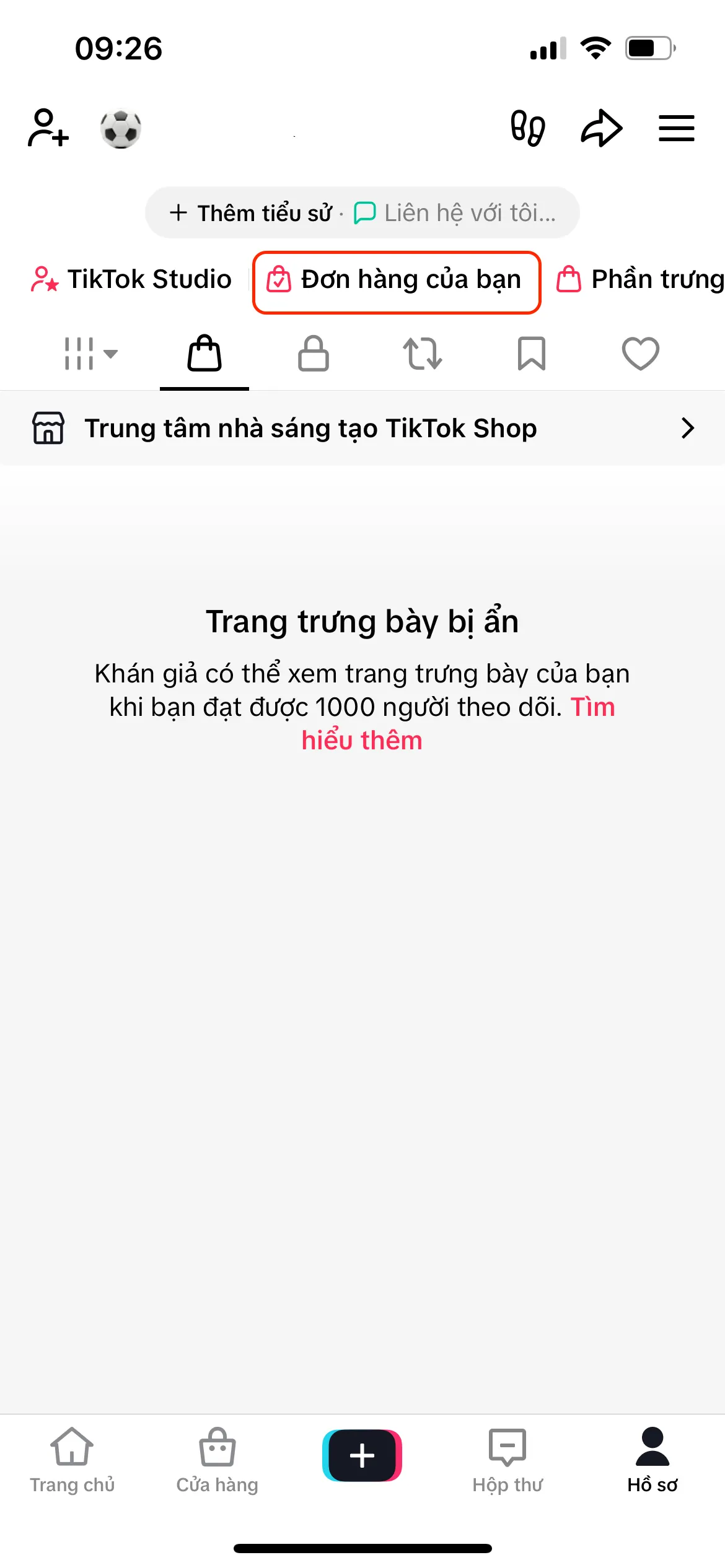 Màn hình Hồ sơ TikTok chọn Đơn hàng của bạn - 1