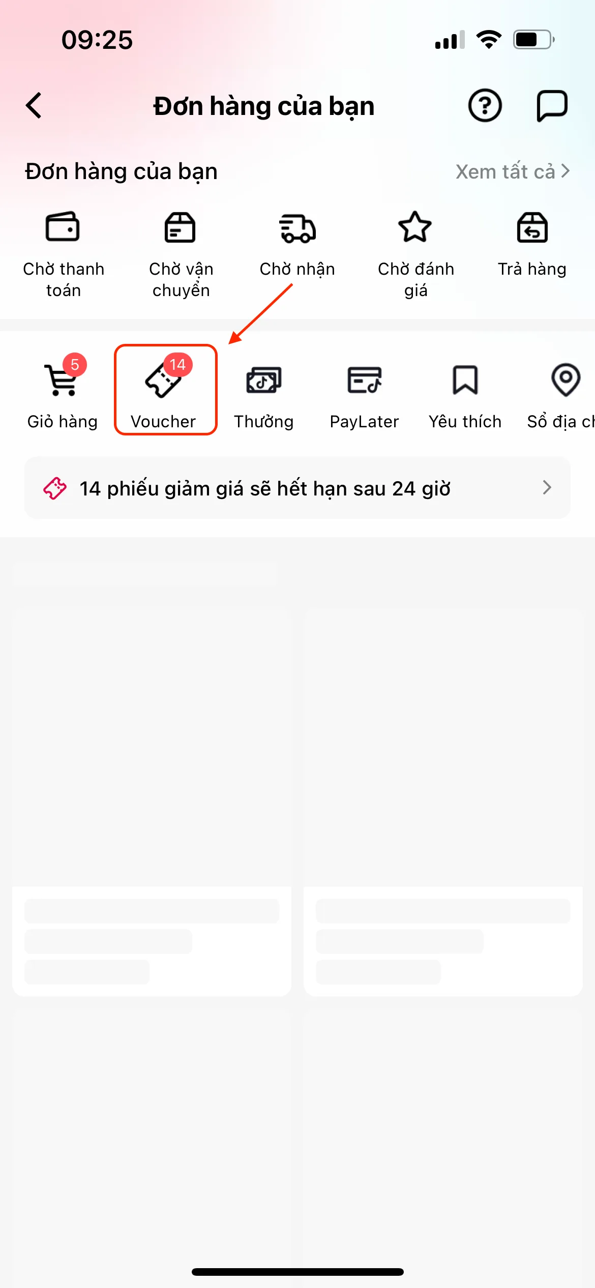 Màn hình Đơn hàng của bạn chọn mục Voucher - 1