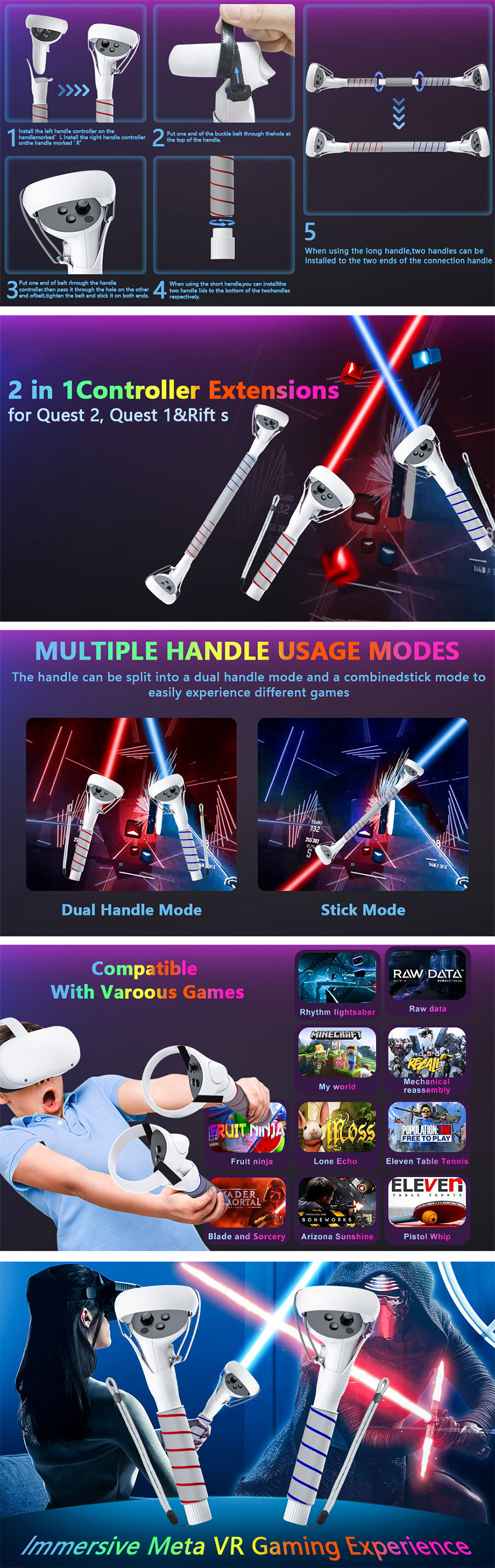 AMVR Gorilla Tag Long Arms Beat Saber Handles for Oculus Quest 2/Quest/Rift  S, VR Controller Extension Grip Accessories 2 in 1 Dual/Long Stick