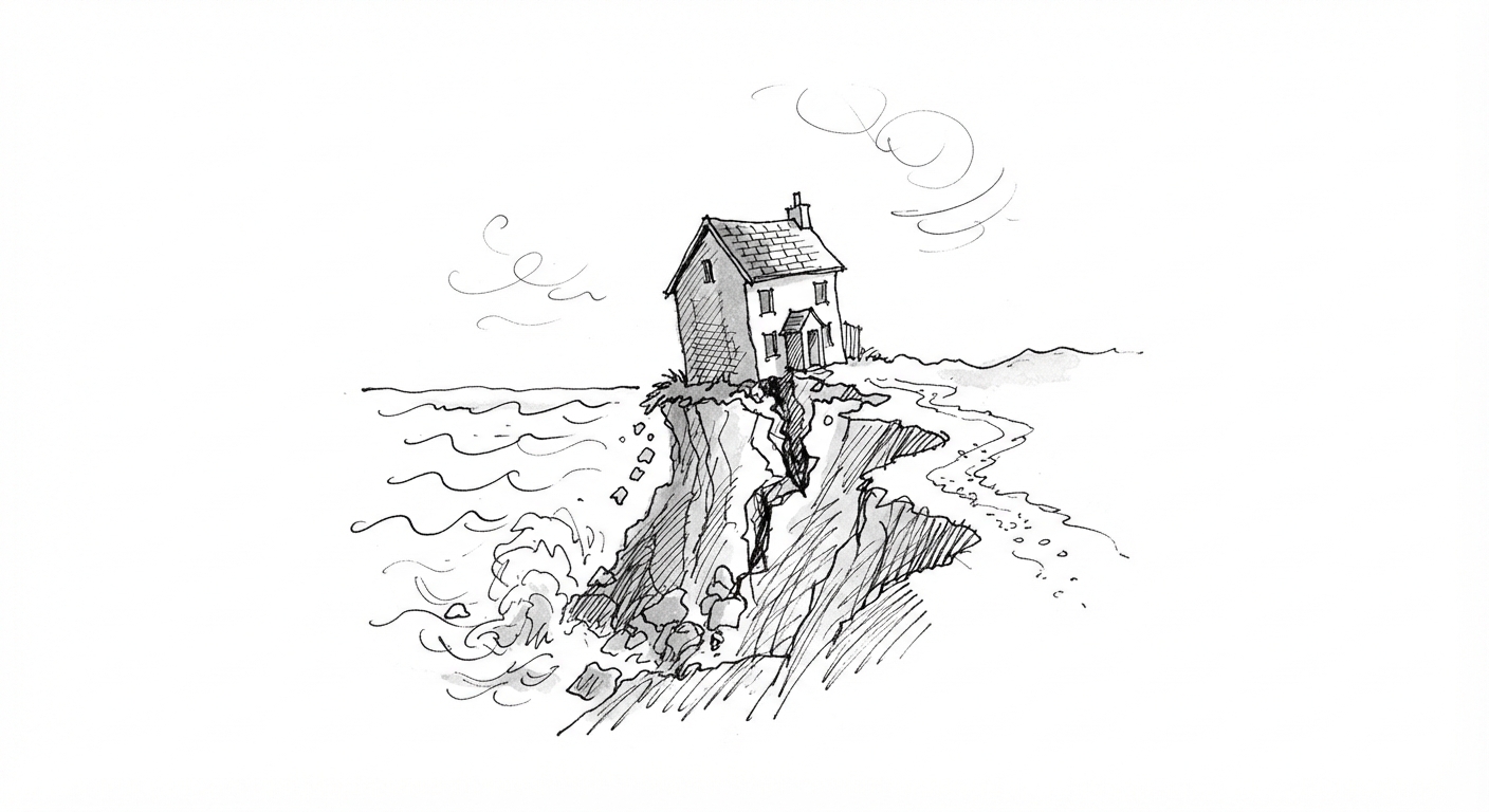 Illustration for the story: Coastal erosion destroys at least 183 homes in England over 16 years