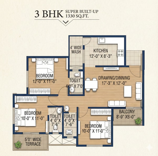 3 BHK Floor Plan - 1330 sq.ft.