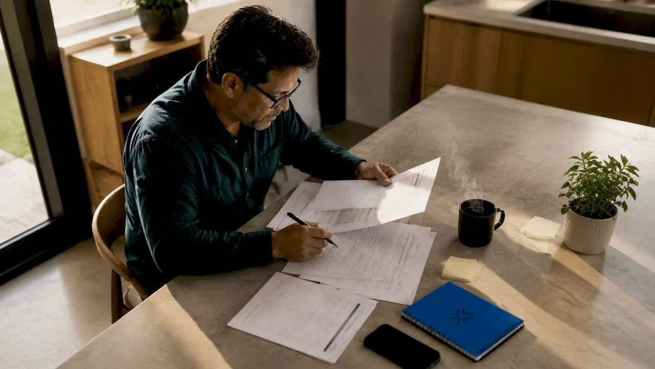 Man reviewing tax residency documents at home desk