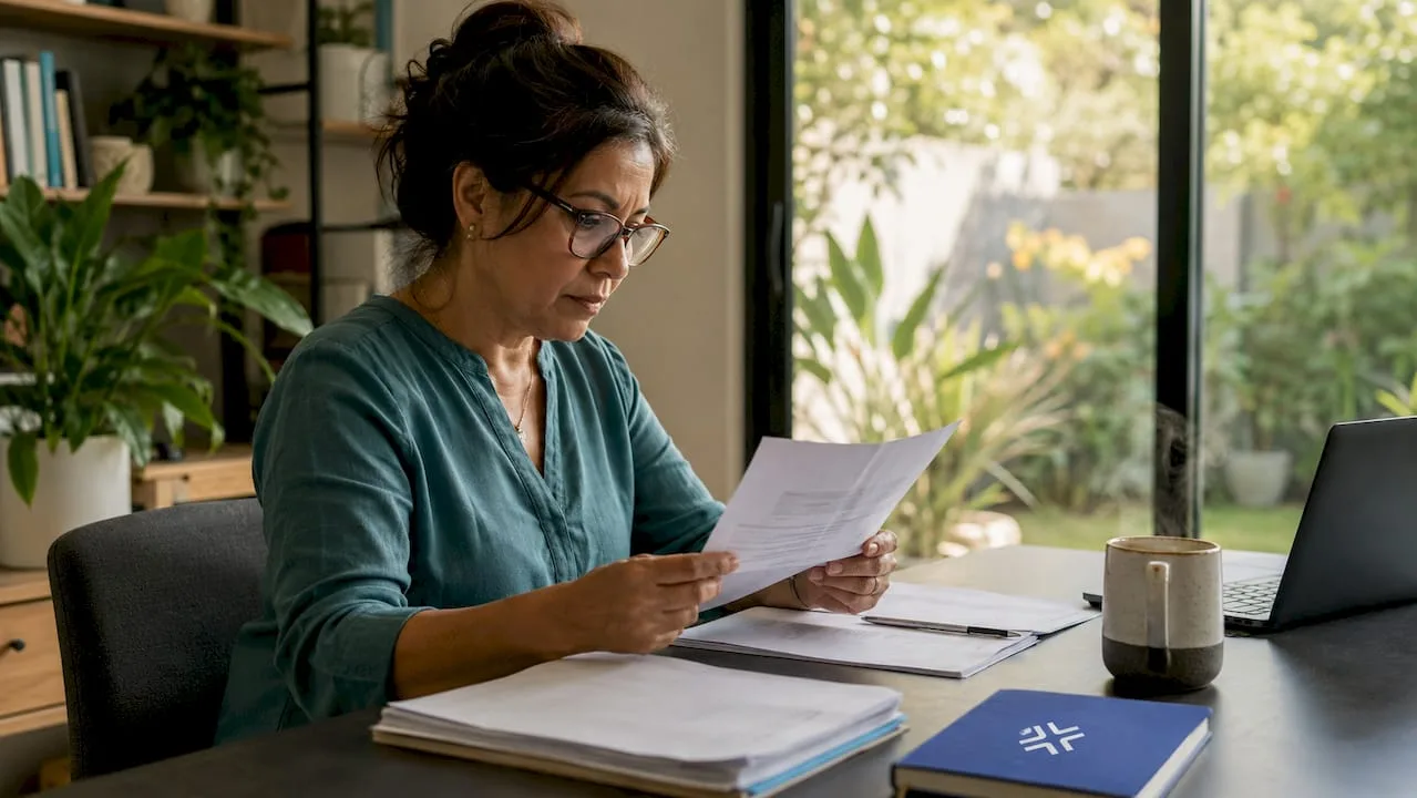 Woman reviewing Paraguay residency documents at desk