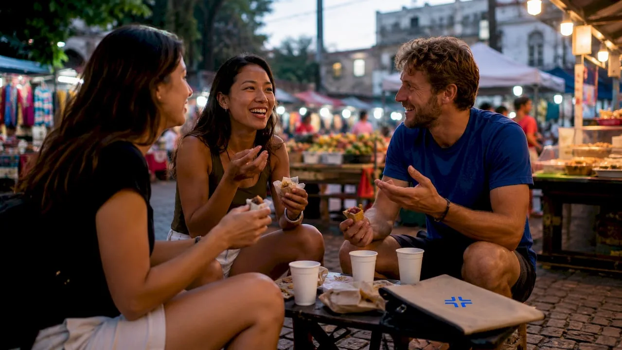 U.S. expats socializing at outdoor café in Asunción