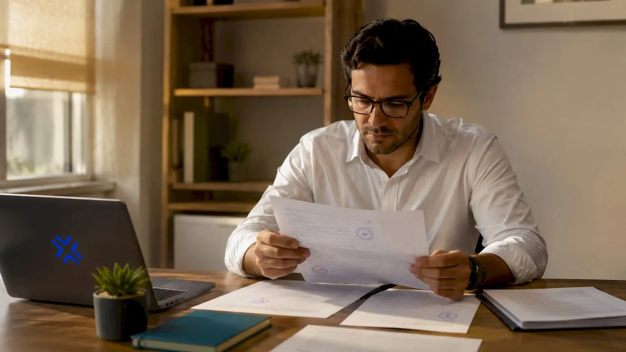 Man reviewing tax residency documents at desk