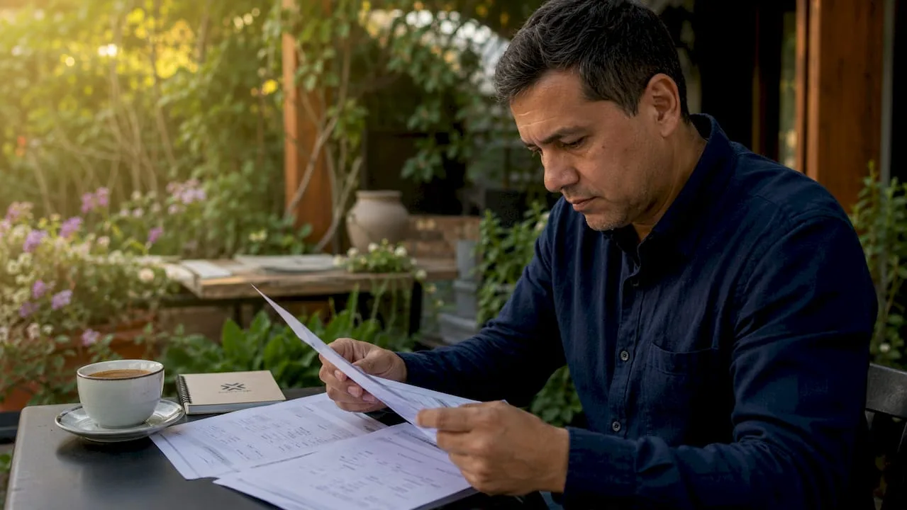 Homem de meia-idade revisando documentos fiscais paraguaios