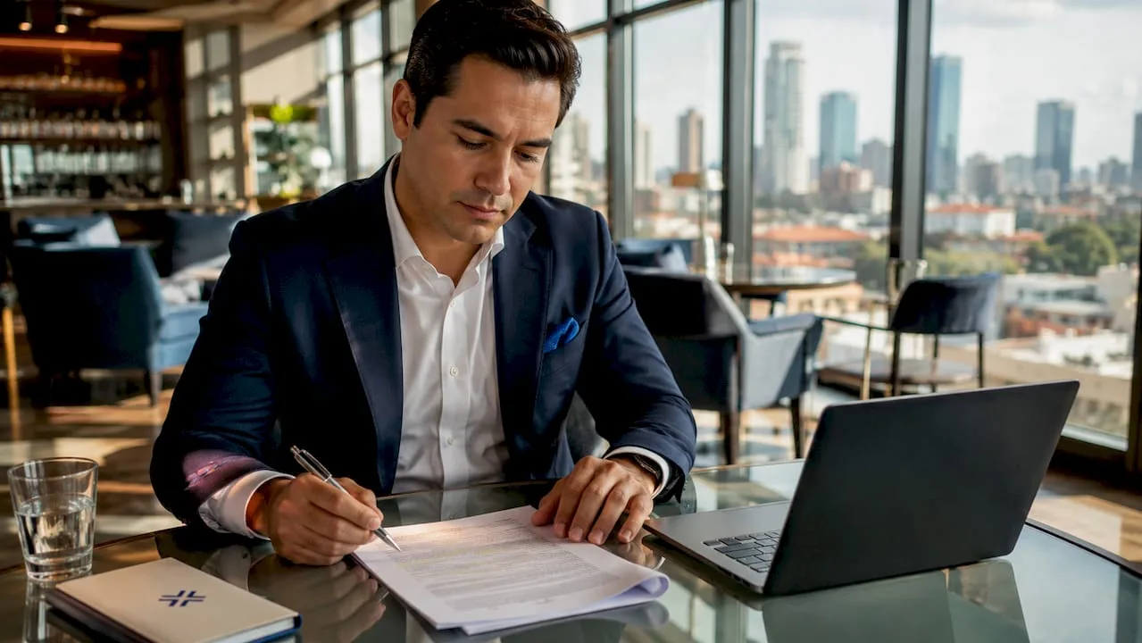Investor reviewing joint venture contract