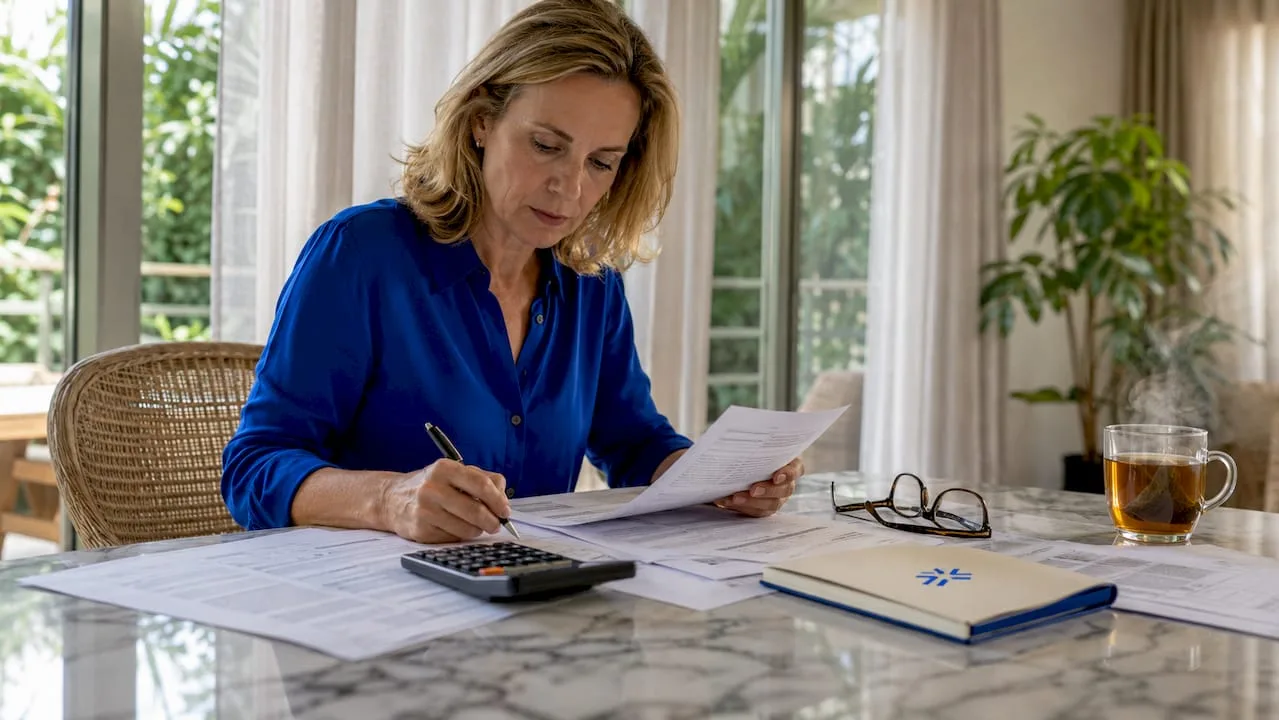 Mujer revisando documentos fiscales de expatriada en su escritorio