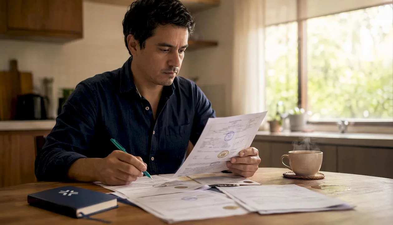 Person checking apostilled documents at desk