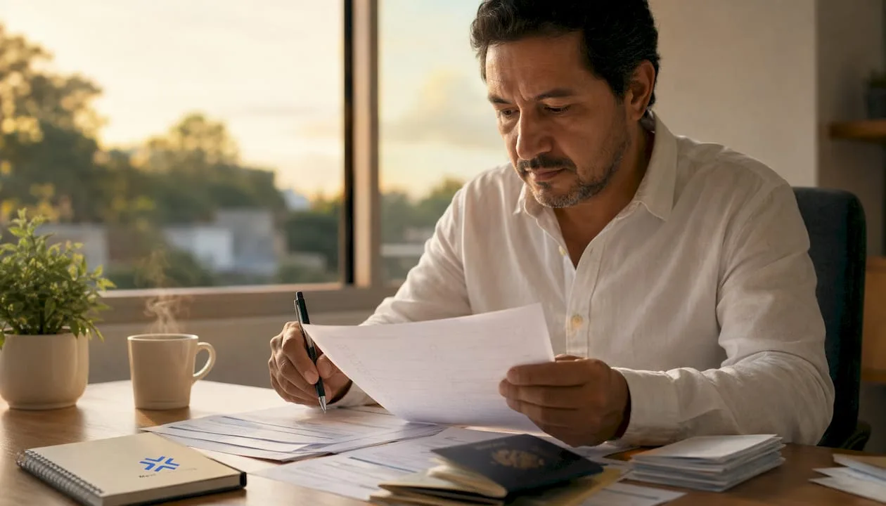 Homem revisando documentos de elegibilidade para expatriados