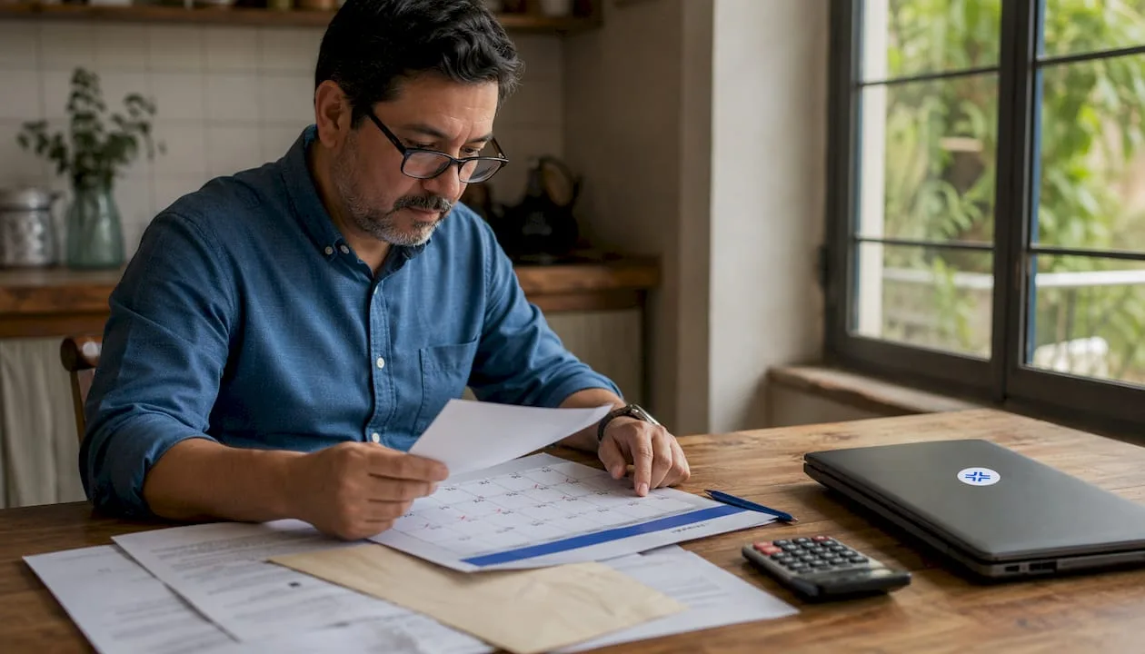 Hombre revisando documentos fiscales de Paraguay en casa