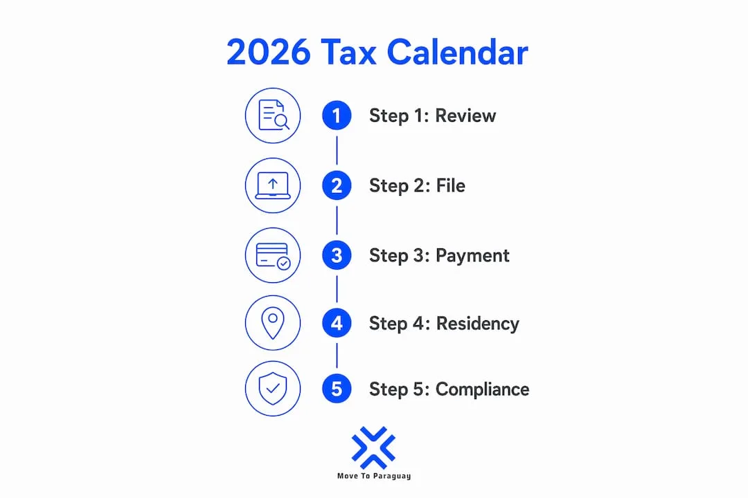 Infografía mostrando los pasos del calendario fiscal 2026 para expatriados